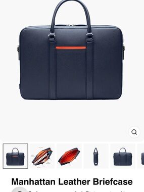 Navy Leather Briefcase with Orange Zip Accent